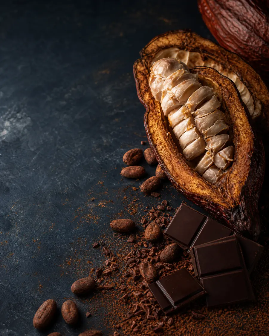 Cabosse de cacao ouverte, fèves et chocolat noir artisanal